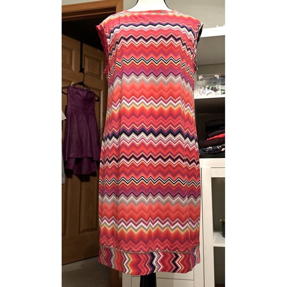 Trina Turk Multi Zinnia Zig Zag Printed Sheath Dress Colorful Capsleeve Retro M - Picture 7 of 12